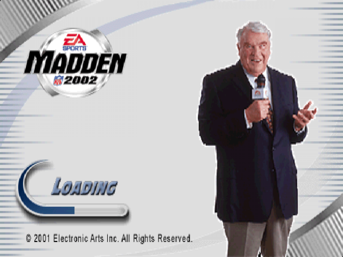 Madden NFL 2002 Collector’s Edition PlayStation 1 PS1 video game, American football sports simulation, classic Madden gameplay, franchise and multiplayer modes main menu loading screen