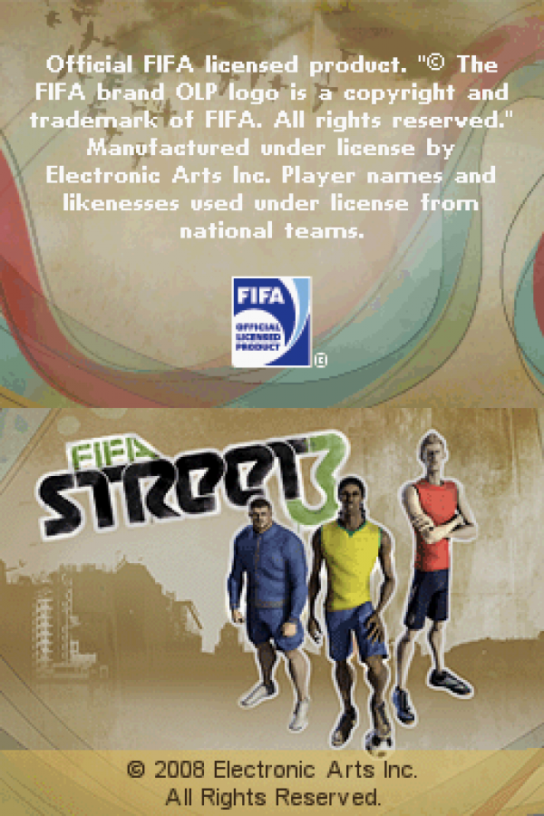 FIFA Street 3 Nintendo DS title screen for retro video game featuring arcade style street soccer gameplay, trick moves, fast paced matches, stylized football stars, and portable sports action on the Nintendo DS handheld system