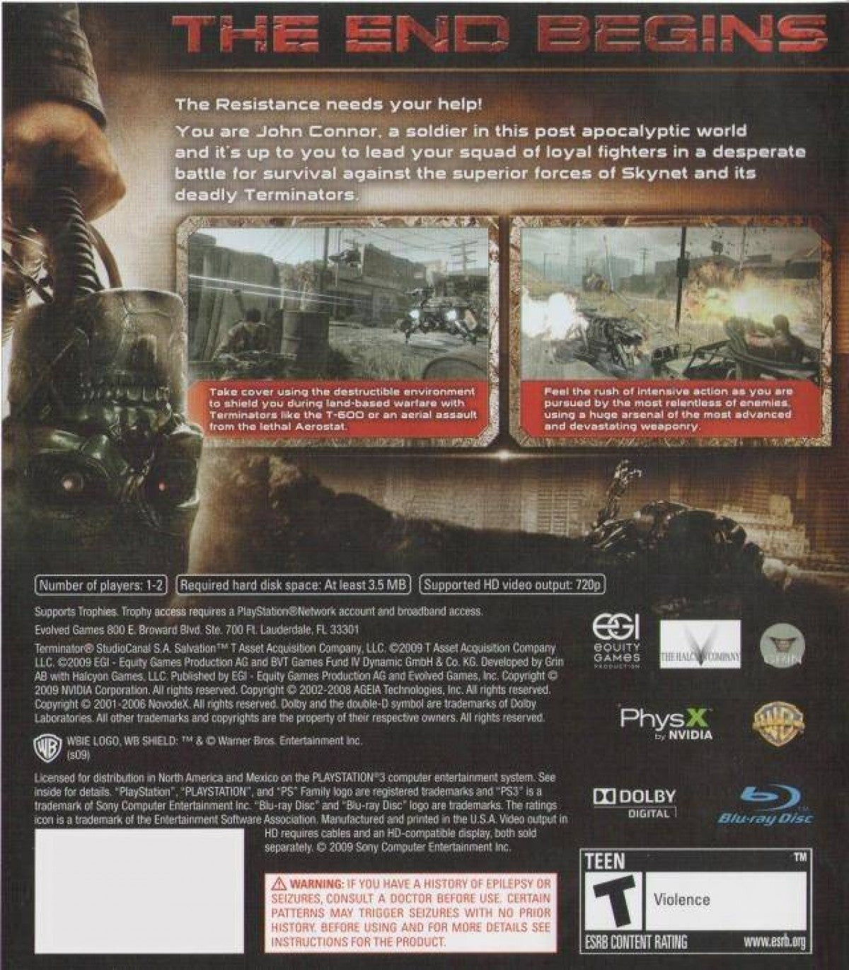 Terminator Salvation for PlayStation 3 (PS3) at Gamers INC, featuring an intense third-person cover-based shooter set in the post-apocalyptic Future War where you play as John Connor leading the Resistance against the relentless machines of Skynet back cover