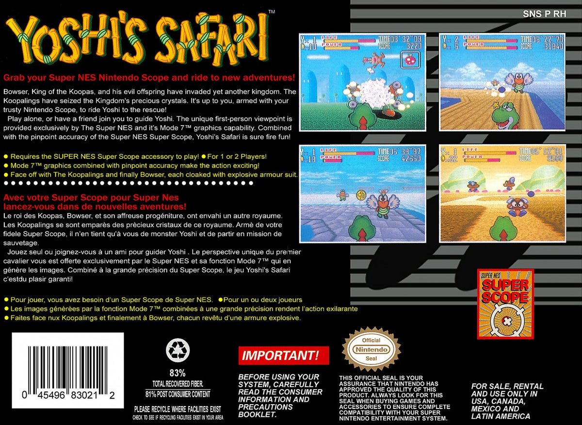 Yoshi's Safari Super Nintendo Entertainment System SNES video game featuring light gun shooting gameplay Yoshi riding adventure Bowser enemies Super Mario characters colorful levels action packed stages and classic 16 bit Nintendo gameplay retro video game collection collectible gaming appeal back cover art