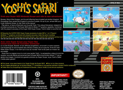 Yoshi's Safari Super Nintendo Entertainment System SNES video game featuring light gun shooting gameplay Yoshi riding adventure Bowser enemies Super Mario characters colorful levels action packed stages and classic 16 bit Nintendo gameplay retro video game collection collectible gaming appeal back cover art