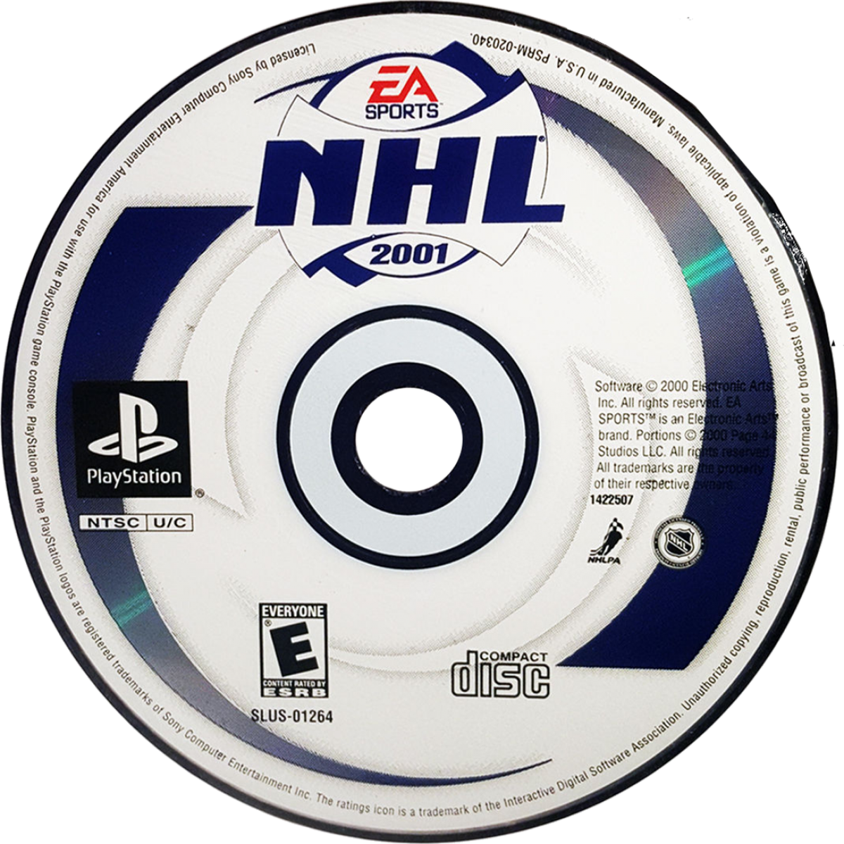 NHL 2001 for PlayStation 1 hockey sports video game featuring official NHL teams and players improved AI realistic gameplay season modes and classic EA Sports ice hockey experience disc