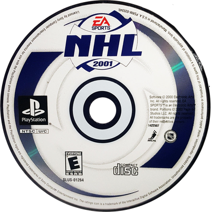 NHL 2001 for PlayStation 1 hockey sports video game featuring official NHL teams and players improved AI realistic gameplay season modes and classic EA Sports ice hockey experience disc