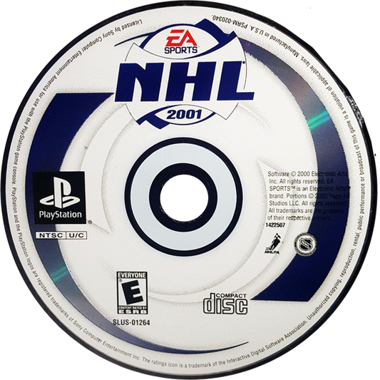 NHL 2001 for PlayStation 1 hockey sports video game featuring official NHL teams and players improved AI realistic gameplay season modes and classic EA Sports ice hockey experience disc