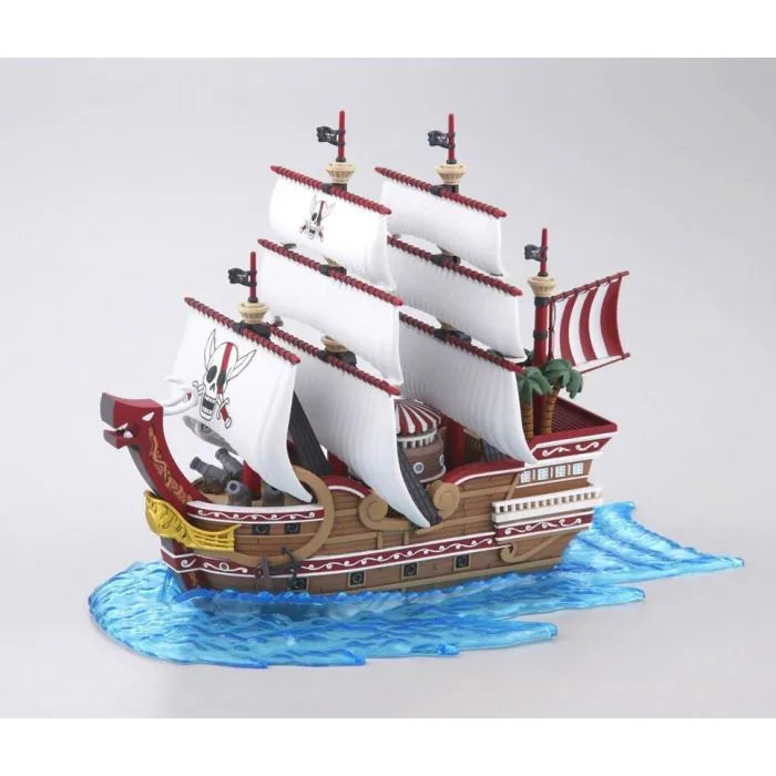 Red Force Model Ship Bandai One Piece Grand Ship Collection model kit inspired design featuring detailed buildable pirate vessel aesthetic Red Hair Pirates flagship design intricate deck and sail components anime inspired craftsmanship collectible display model nautical adventure theme and seafaring presentation