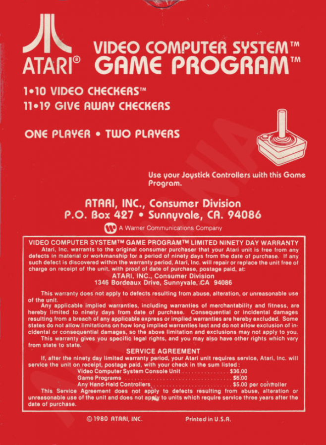 Video Checkers back cover art for Atari 2600 (2600) video game 