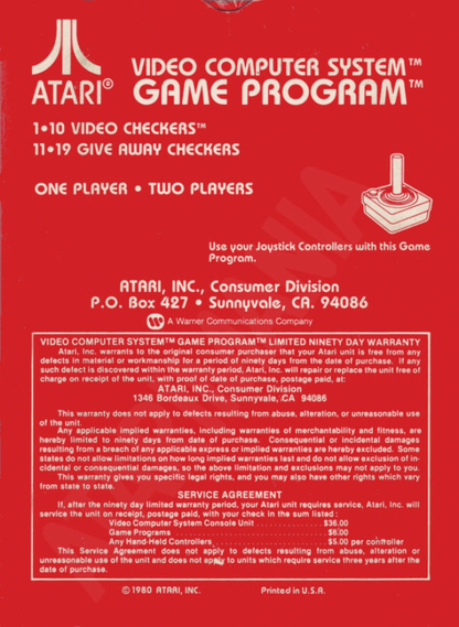 Video Checkers back cover art for Atari 2600 (2600) video game 
