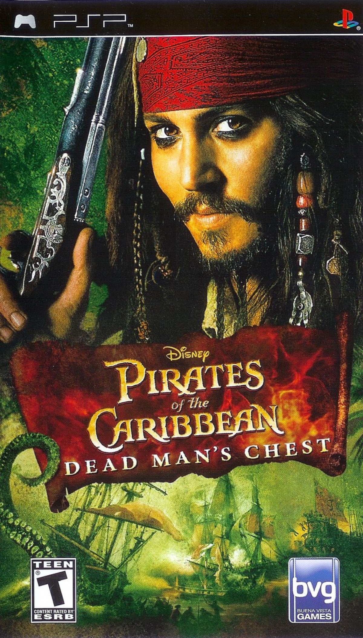 Pirates of the Caribbean Dead Man’s Chest for PSP action adventure video game featuring swashbuckling combat movie inspired levels iconic characters and portable Disney pirate experience front cover
