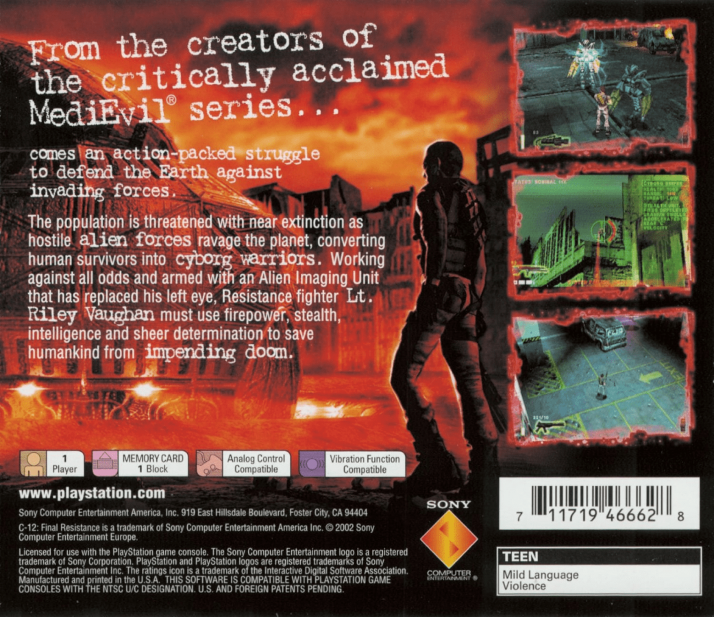 C-12: Final Resistance back of box for PlayStation 1 (PS1) retro video game