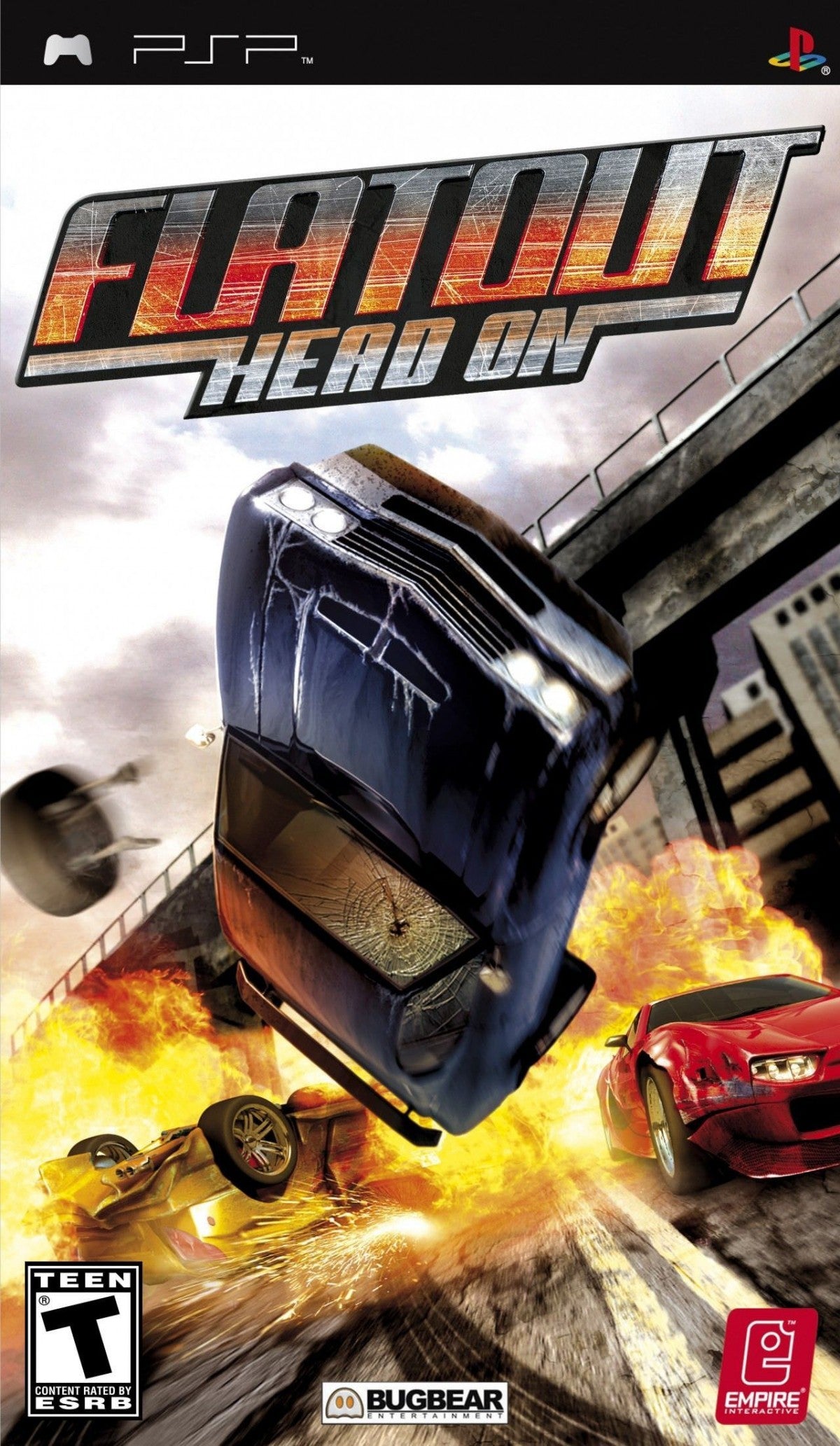 FlatOut Head On PSP inspired design featuring demolition racing action aesthetic high speed crashes destructive derby competition chaotic vehicle combat arcade style racing intense stunts explosive motorsport gameplay handheld gaming presentation front cover