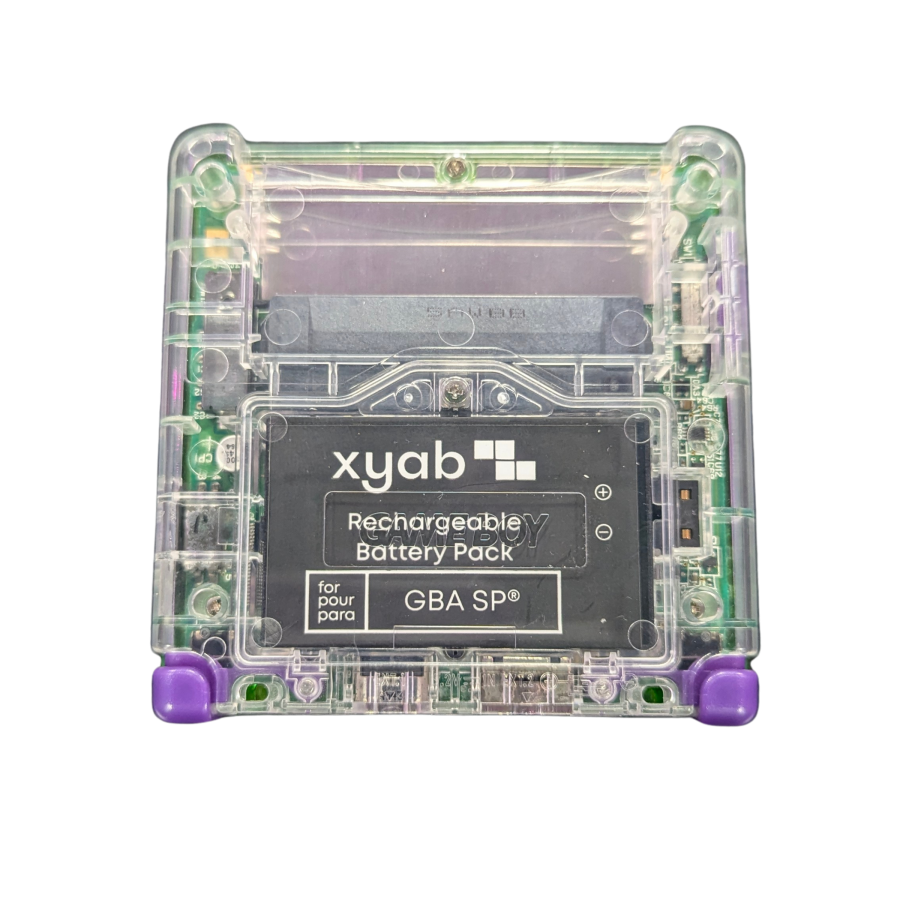 Game Boy Advance SP GBA SP handheld console custom green shell replacement clamshell design backlit screen rechargeable battery Nintendo portable retro gaming under side bottom battery