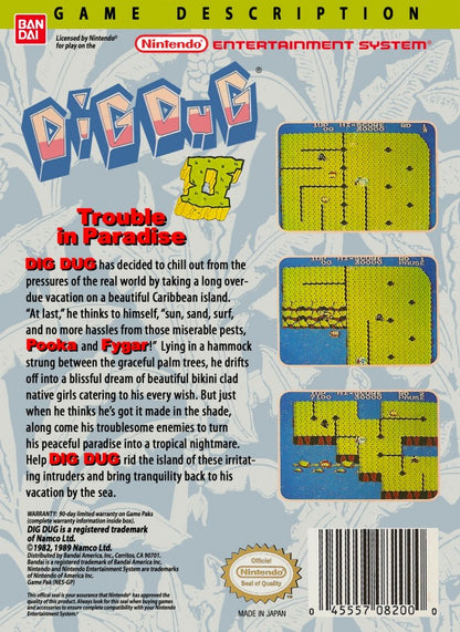 Dig Dug II Trouble in Paradise Nintendo Entertainment System NES video game featuring arcade action gameplay island exploration enemy digging rock crushing and air pump attacks strategic level challenges classic Dig Dug gameplay 8 bit retro video game collection collectible gaming appeal back cover art