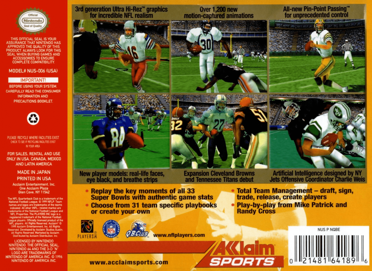 NFL Quarterback Club 2000 back cover art for Nintendo 64 N64 video game