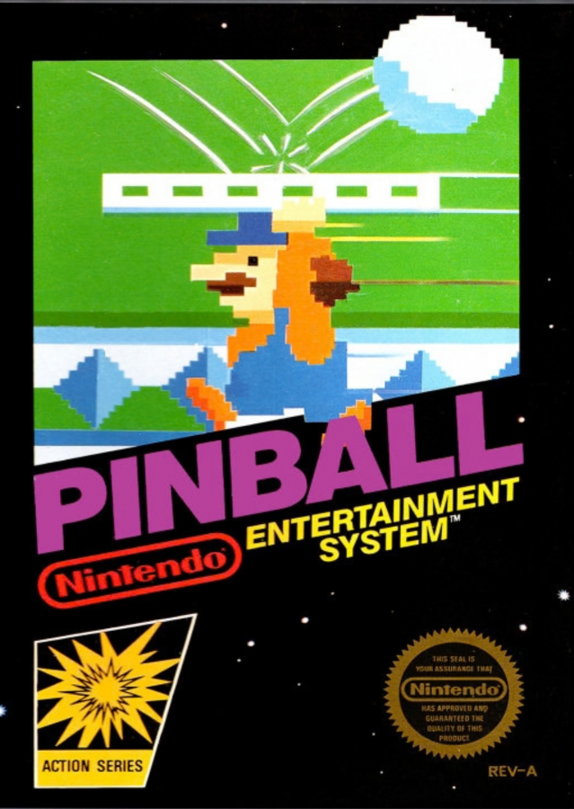 Pinball Nintendo Entertainment System NES video game featuring classic pinball gameplay arcade style table action flippers bumpers targets bonus stages high score challenges and simple 8 bit Nintendo gameplay retro video game collection collectible gaming appeal front cover art