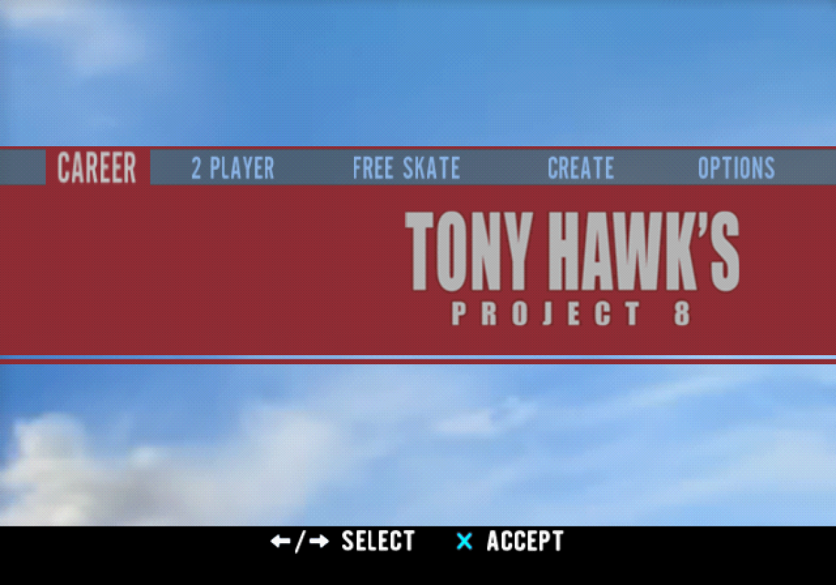 Tony Hawk's Project 8 – PlayStation 2 (PS2) video game title screen, skateboarding sports action.