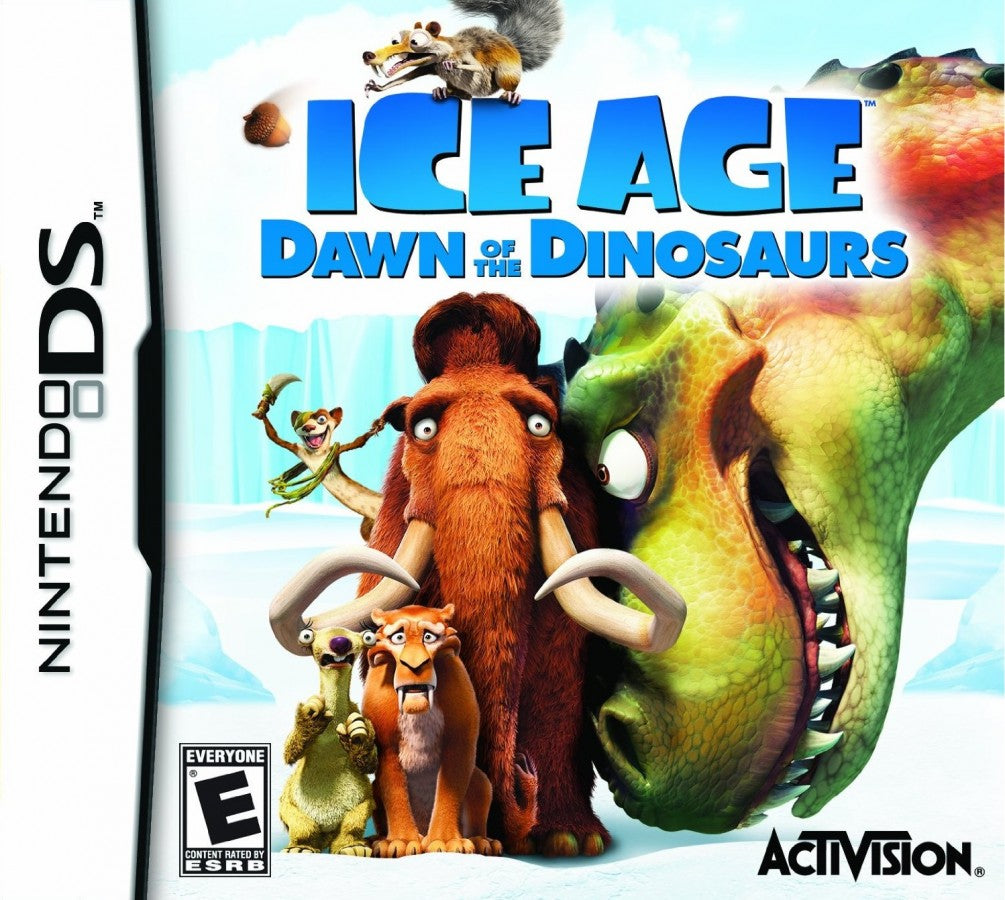 Ice Age Dawn of the Dinosaurs Nintendo DS DS for action adventure video game fans featuring Scrat and Ice Age characters dinosaur encounters prehistoric environments platforming challenges puzzle solving mini games colorful levels and family friendly portable Nintendo DS gameplay collectible gaming appeal front cover art
