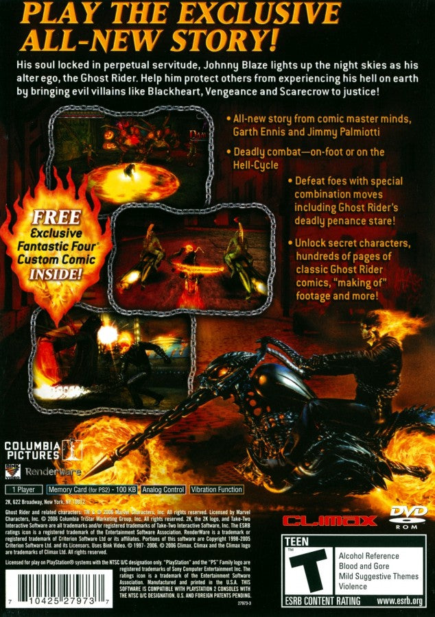 Ghost Rider back of case for PlayStation 2 (PS2) action hack-and-slash video game based on the Marvel comic and film