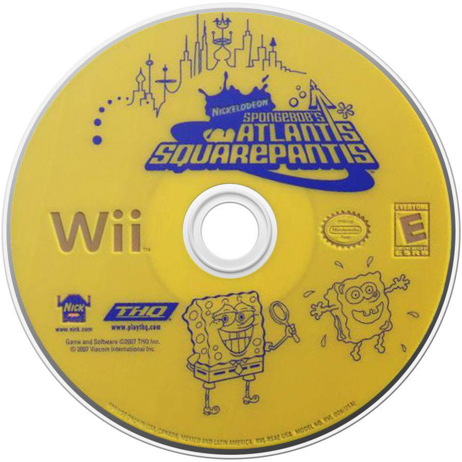 SpongeBob’s Atlantis SquarePantis for Nintendo Wii, disc for an action-adventure party video game with SpongeBob characters, mini-games, platforming challenges, and family-friendly cartoon gameplay