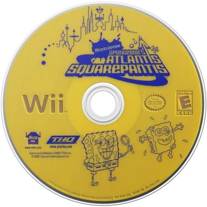 SpongeBob’s Atlantis SquarePantis for Nintendo Wii, disc for an action-adventure party video game with SpongeBob characters, mini-games, platforming challenges, and family-friendly cartoon gameplay
