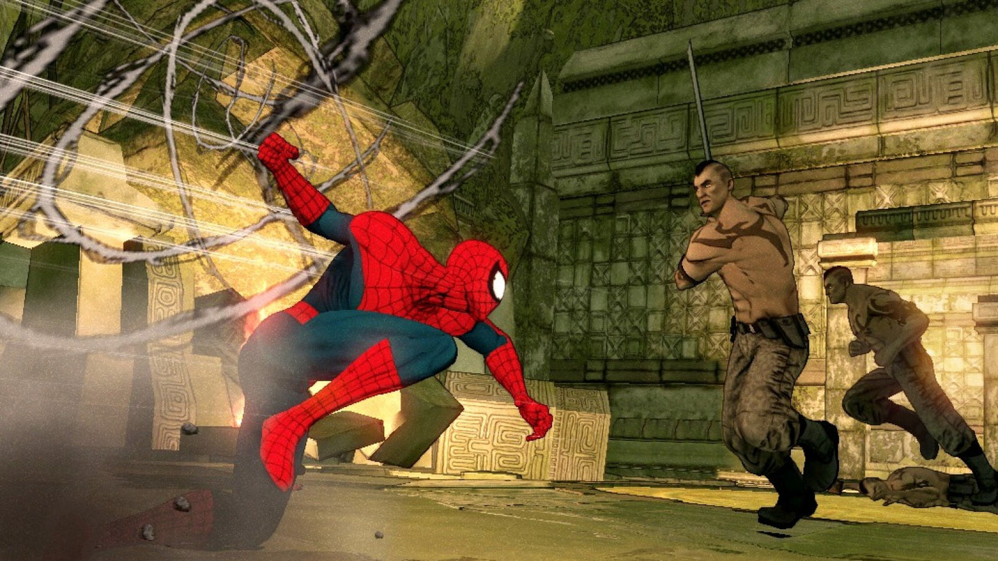 Spider-Man Shattered Dimensions PlayStation 3 action beat 'em up video game four Spider-Men universes Amazing Noir 2099 Ultimate Noir stealth Amazing brawler 2099 sci-fi Ultimate black suit collectibles boss battles gameplay