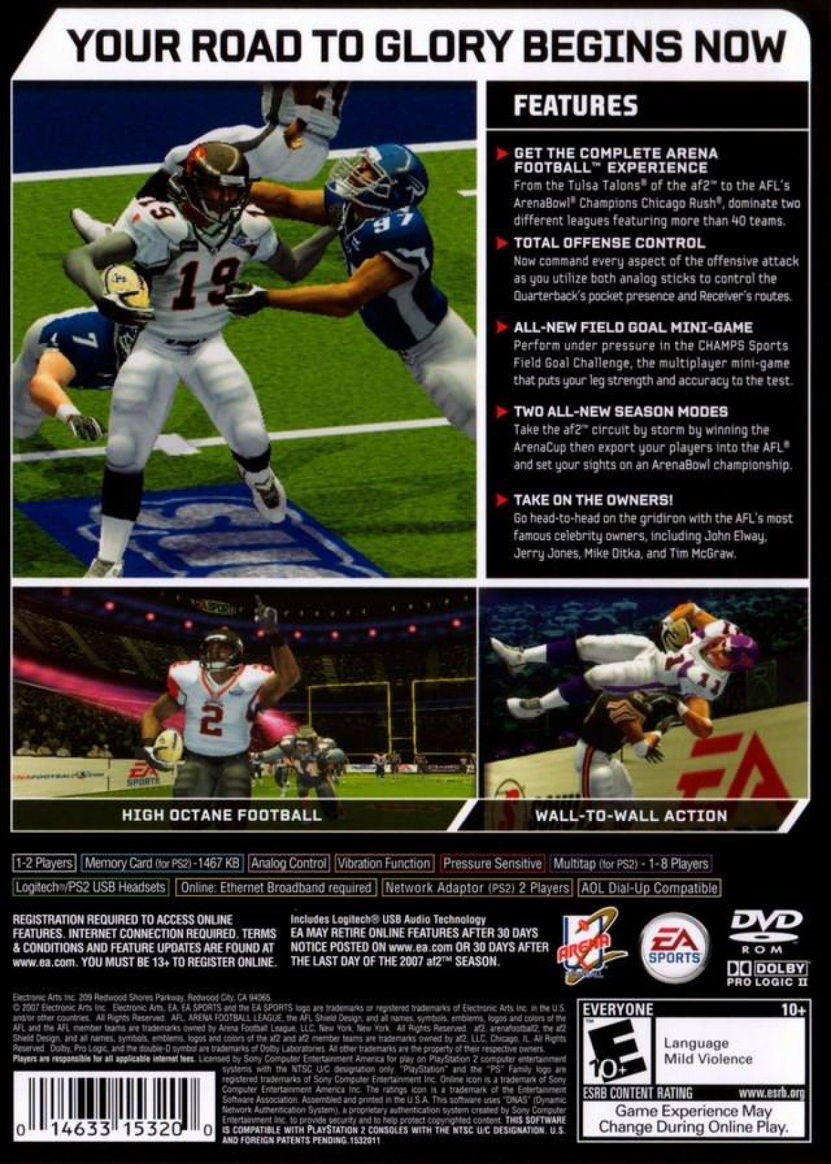 Arena Football: Road to Glory PlayStation 2 video game featuring official Arena Football League (AFL) indoor gridiron sports action gameplay, full 2007 AFL teams including the af2 developmental league, high-scoring fast-paced football matches, season and multiplayer modes, and EA Sports branding — classic PS2 football simulation title released February 2007. back cover