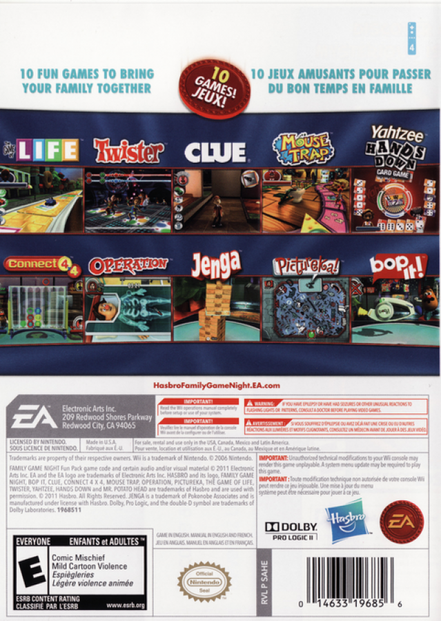 Hasbro Family Game Night Fun Pack – Nintendo Wii (Wii) party board game compilation back of case for video game