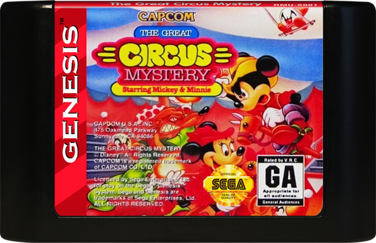 The Great Circus Mystery Starring Mickey and Minnie for Sega Genesis side scrolling platformer game featuring Mickey Mouse and Minnie Mouse circus themed levels cooperative gameplay classic Disney adventure cartridge