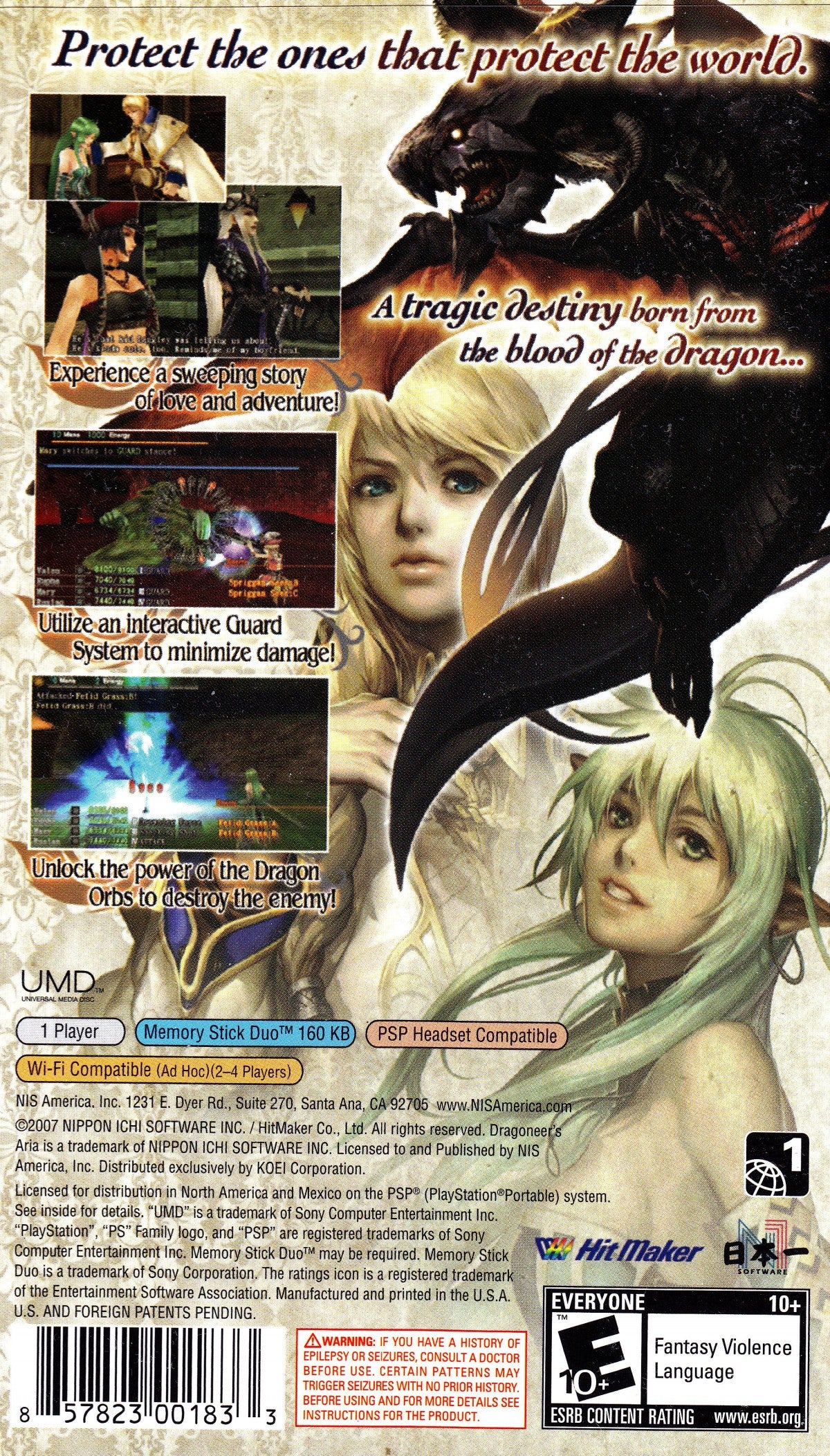 Dragoneer’s Aria PlayStation Portable inspired design featuring fantasy JRPG adventure aesthetic dragon bonding storyline turn based tactical combat magical academy setting epic journey narrative character progression and classic handheld role playing gameplay presentation back cover