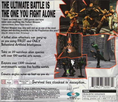 Perfect Weapon action-adventure video game for the original Sony PlayStation (PS1), featuring a powerful warrior battling enemies through futuristic environments, using melee attacks, weapons, special abilities, and fast-paced combat while exploring dangerous levels and taking on challenging bosses back cover art
