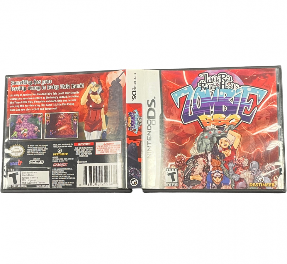 Little Red Riding Hood's Zombie BBQ CIB Nintendo DS DS video game featuring action shooting gameplay zombie battles quirky horror themes Little Red Riding Hood character fast paced combat colorful environments challenging enemies Nintendo DS handheld gaming retro video game collection outer cover