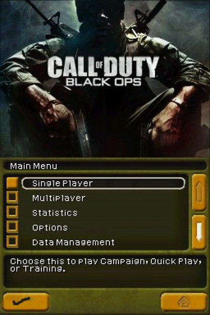 Call of Duty Black Ops for Nintendo DS, title screen for a first-person shooter video game with military combat, mission-based gameplay, stealth elements, and tactical action