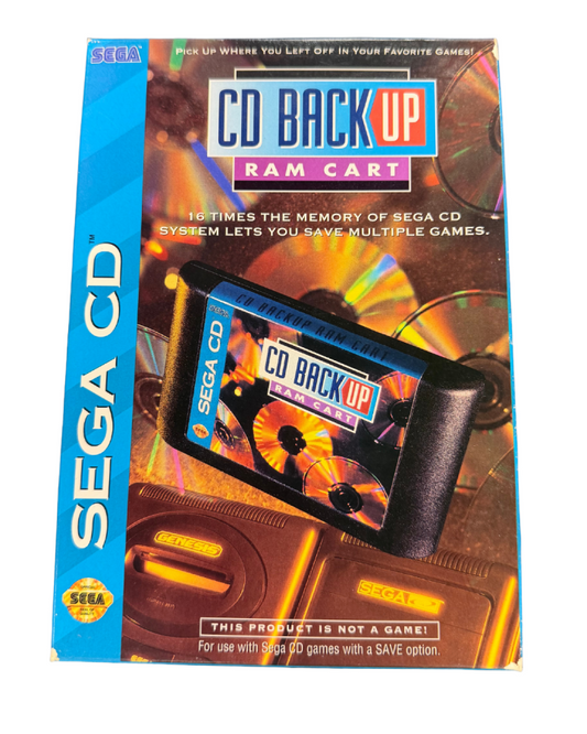Sega CD Backup RAM Cart official Sega memory expansion cartridge for the Sega CD increases save storage capacity game save management accessory plugs into Genesis cartridge slot retro gaming hardware peripheral accessory for RPG and save heavy games cover art