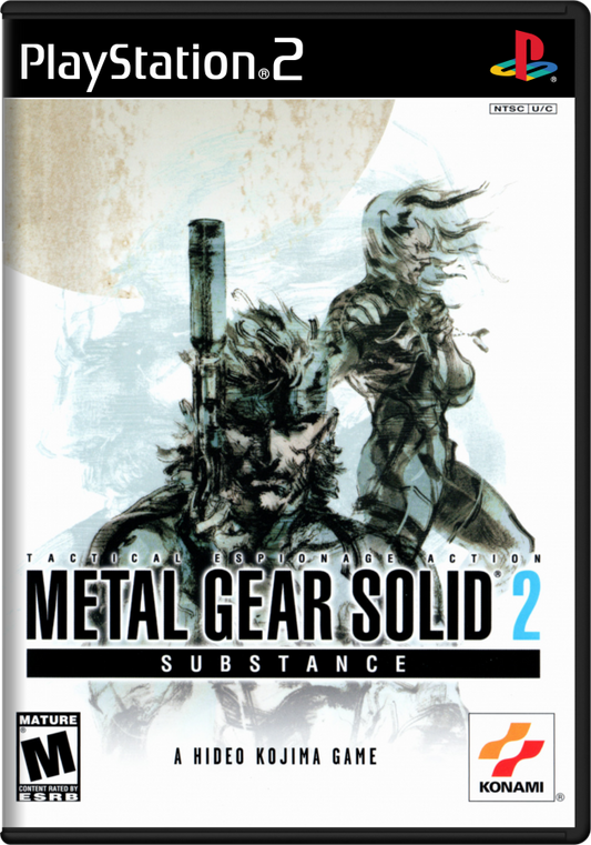 Metal Gear Solid 2 Substance PS2 Sony PlayStation 2 stealth action game tactical espionage gameplay Hideo Kojima Solid Snake Raiden infiltration missions stealth mechanics cinematic story enhanced edition extra missions VR training retro gaming PlayStation 2 software video game title cover art