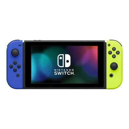 Nintendo Switch system with dock and blue and yellow Joy Cons featuring versatile home and portable gaming modes front facing