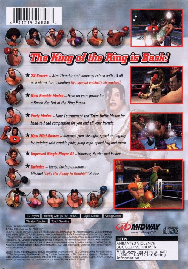 Ready 2 Rumble Boxing: Round 2 – PlayStation 2 (PS2) video game back of case, arcade-style boxing sports game.