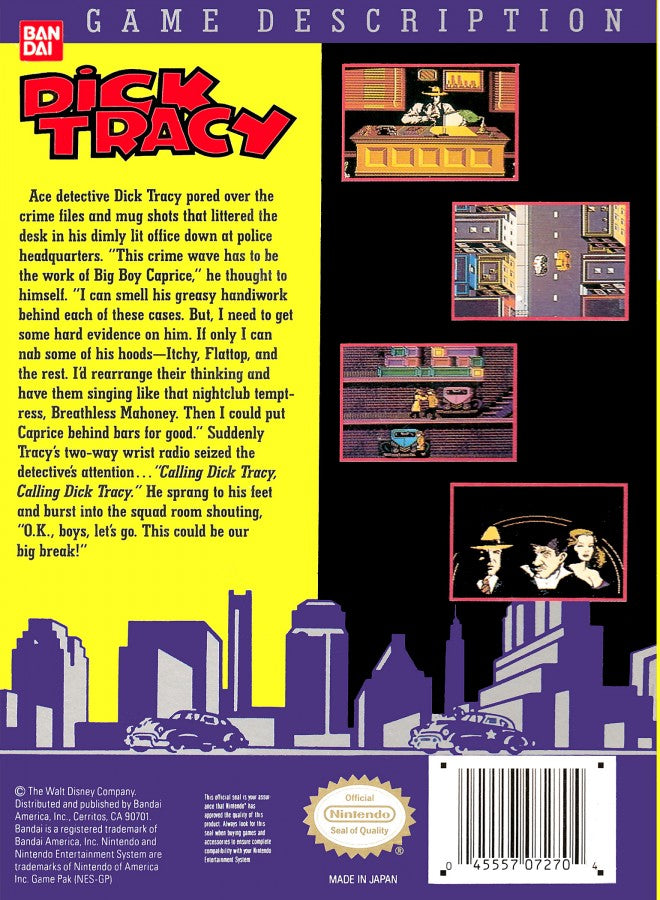 Dick Tracy retro NES video game Dick Tracy action shooter crime fighting side scrolling gameplay detective adventure movie based classic console title Nintendo Entertainment System release back of case