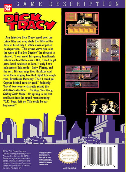 Dick Tracy retro NES video game Dick Tracy action shooter crime fighting side scrolling gameplay detective adventure movie based classic console title Nintendo Entertainment System release back of case
