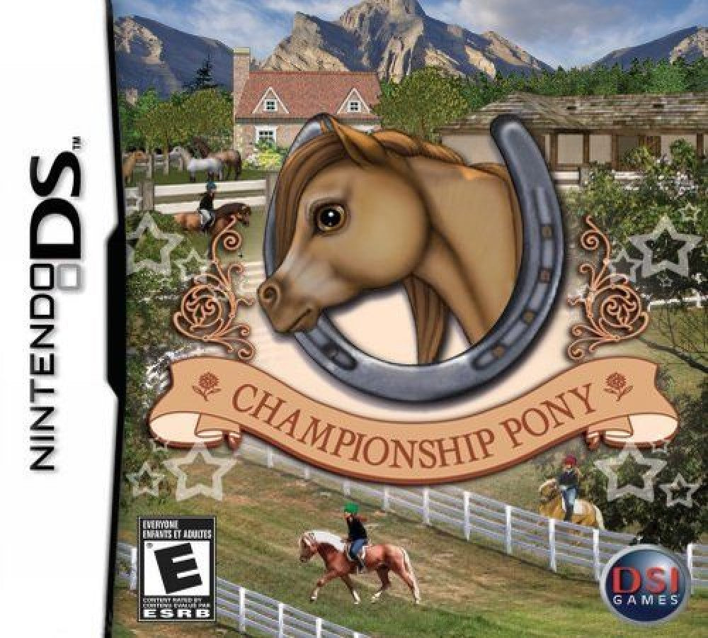 Championship Pony game for the Nintendo DS featuring horse care and riding gameplay with training events customization mini games and simulation elements focused on raising and competing with ponies cover art