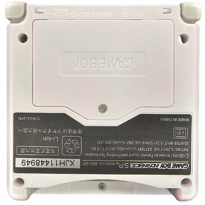 Game Boy Advance SP GBA SP Pearl White AGS 001 handheld console featuring flip screen design front lit display rechargeable battery compact portable gaming system Game Boy Advance compatibility classic Nintendo handheld hardware retro gaming collection collectible gaming appeal console back