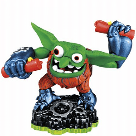 Boomer Skylanders Spyro’s Adventure figure, tech element goblin demolitions expert with orange skin, goggles and dynamite sticks, posed throwing explosives in battle stance, detailed collectible toy on portal base from Skylanders Spyro’s Adventure series