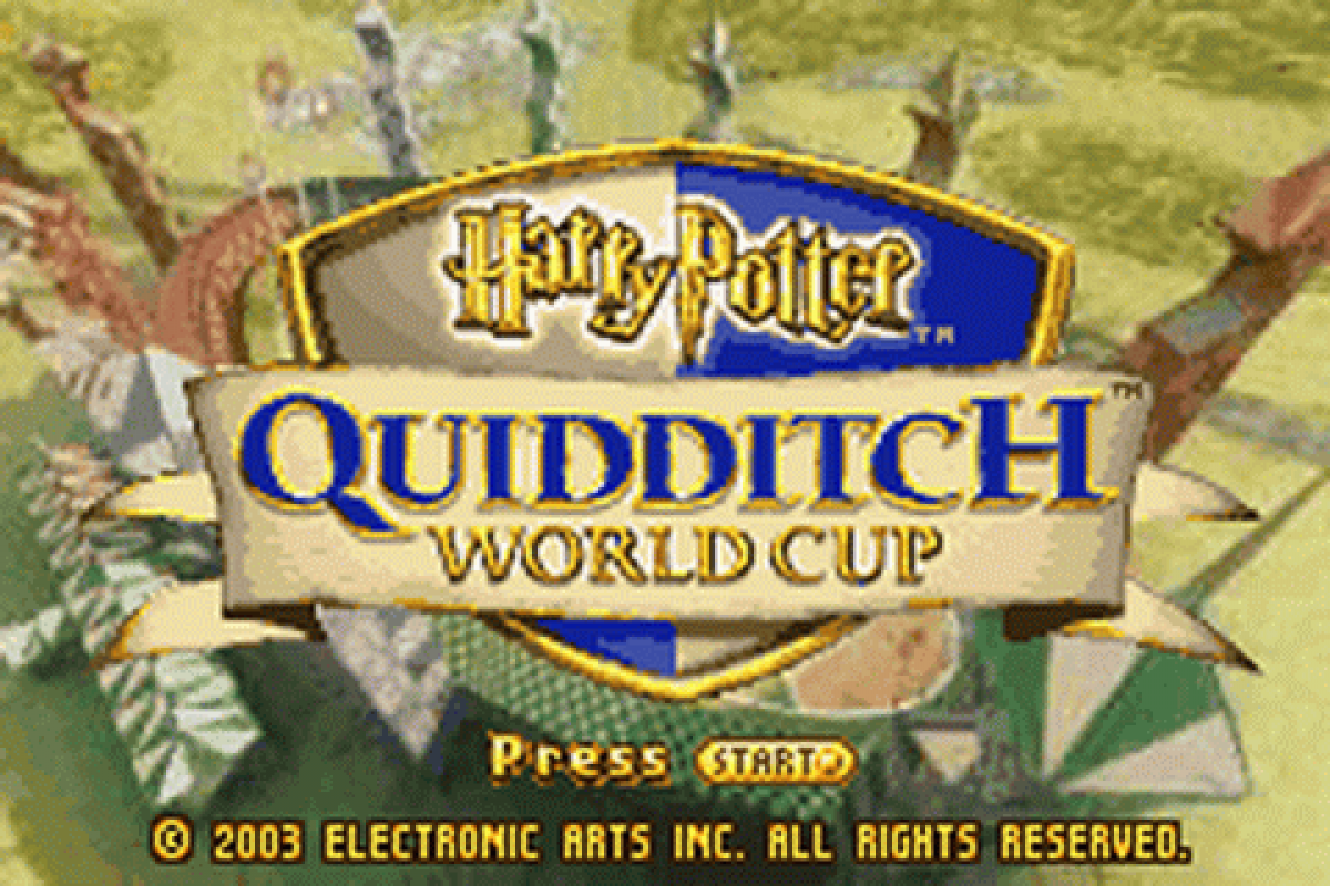 Harry Potter Quidditch World Cup for Game Boy Advance, title screen for a sports action video game with Quidditch gameplay, team-based matches, character abilities, and wizarding world competition
