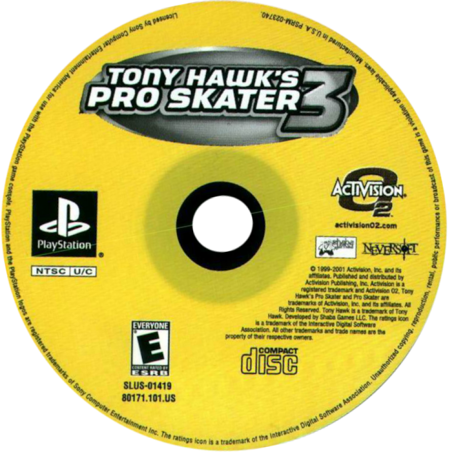 Tony Hawk’s Pro Skater 3 disc art PlayStation 1 PS1 video game, skateboarding sports action, trick-based gameplay, extreme sports classic