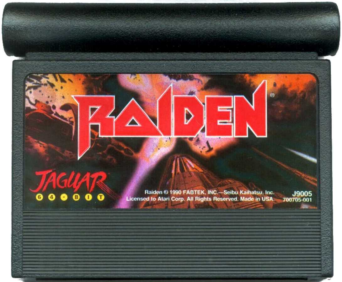 Raiden Atari Jaguar JAG for vertical shoot em up video game fans featuring fighter aircraft space combat enemy waves powerful weapons power ups weapon upgrades challenging scrolling stages massive boss battles intense arcade action and classic Atari Jaguar gameplay collectible retro gaming appeal game cartridge