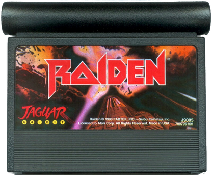 Raiden Atari Jaguar JAG for vertical shoot em up video game fans featuring fighter aircraft space combat enemy waves powerful weapons power ups weapon upgrades challenging scrolling stages massive boss battles intense arcade action and classic Atari Jaguar gameplay collectible retro gaming appeal game cartridge