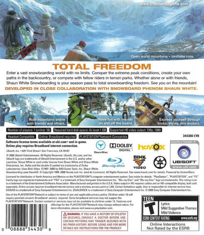 Shaun White Snowboarding PlayStation 3 PS3 video game, extreme sports, snowboarding action, open-mountain gameplay, Ubisoft title back cover