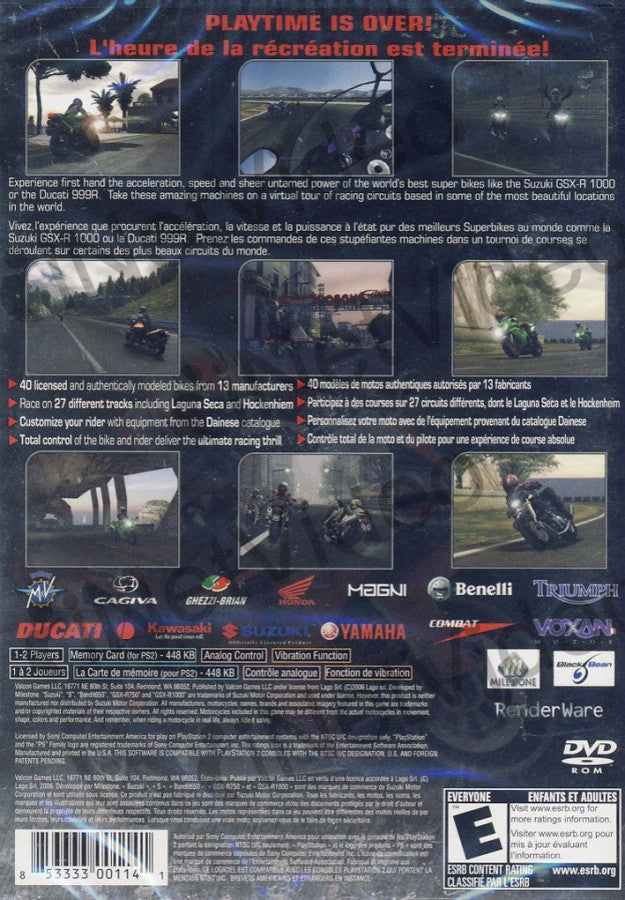 Suzuki Super-Bikes II: Riding Challenge – PlayStation 2 (PS2) video game back of case, motorcycle racing simulation.