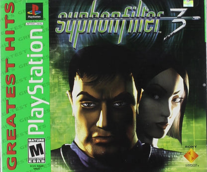 Syphon Filter 3 Greatest Hits PlayStation 1 PS1 for third person action stealth video game fans featuring Gabe Logan and Lian Xing tactical missions espionage gameplay weapon combat enemy encounters stealth objectives cinematic storytelling and classic Sony PlayStation gaming collectible appeal front