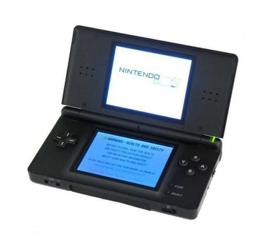Nintendo DS Lite DSL handheld gaming system in black with dual screens touchscreen functionality and Game Boy Advance compatibility open and on
