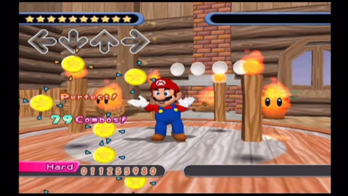Gameplay for Dance Dance Revolution Mario Mix GameCube GC video game, rhythm and music, dance gameplay, multiplayer, family-friendly, Nintendo GameCube classic
