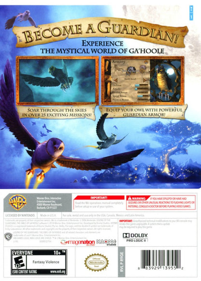 Legend of the Guardians The Owls of Ga'Hoole Nintendo Wii Wii video game featuring action adventure gameplay owl flight aerial combat fantasy environments exploration enemy battles story driven missions and classic Nintendo Wii gameplay retro video game collection collectible gaming appeal back cover art